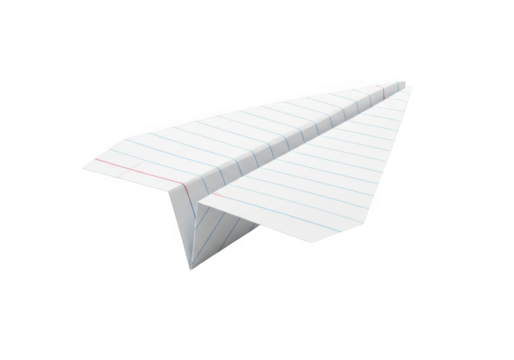 Classic paper airplane made from lined notebook paper isolated on transparent background