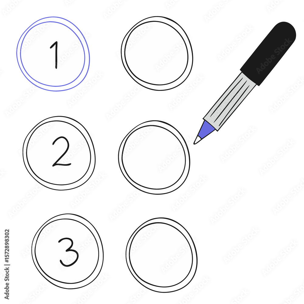 Fototapete a selection of numbered and blank circles with a pen, ideal for interactive quizzes, surveys, and ed