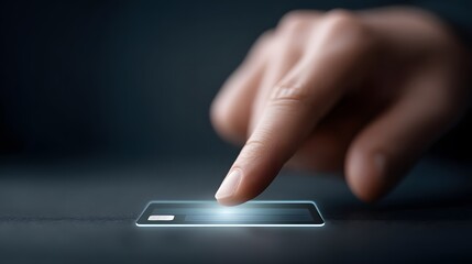 Close-up of hand swiping virtual credit card on AR interface