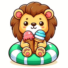 cute lion with swimming tires and ice cream cartoon vector icon illustration