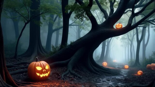 Venture into a glowing pumpkin forest on a spooky night. Eerie october helloween