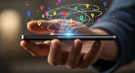 A person holds a smartphone displaying a holographic network of colorful location markers, suggesting a global connectivity concept.
