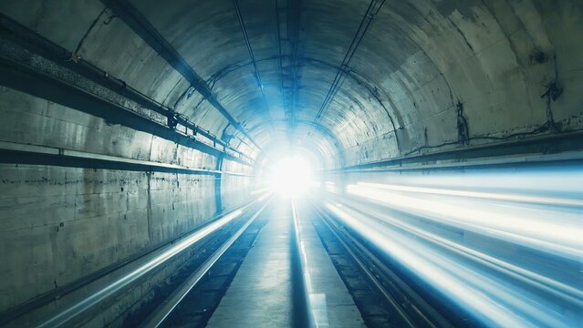 Bright light at the end of an underground tunnel in a metropolitan railway system during late afternoon