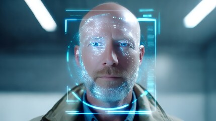 Close-up of futuristic facial recognition scanner projecting light on middle-aged man Generative AI
