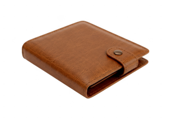 Brown leather bifold wallet with snap closure isolated on transparent background