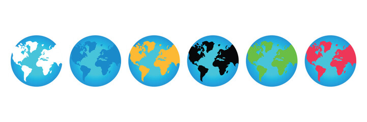Planet earth colorful continents map globe icons vector illustration of world geography global environment symbol collection set.