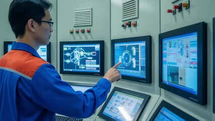 Engineer in a control room is carefully monitoring various systems displayed on multiple computer screens, pointing at a specific diagram on one of the monitors - Powered by Adobe