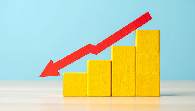Minimalist yellow graph with red arrow pointing down. Business risk, financial decline, money loss