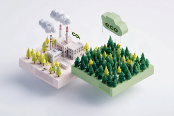 Isometric 3D Illustration of Carbon Offset — Balancing Factory and Forest