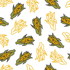 Farm Fresh Corn Cobs Harvest Cartoon Pattern. Seamless pattern of cartoon corn cobs, ideal for harvest, farming, vegetable-themed projects, packaging, and fabric design.