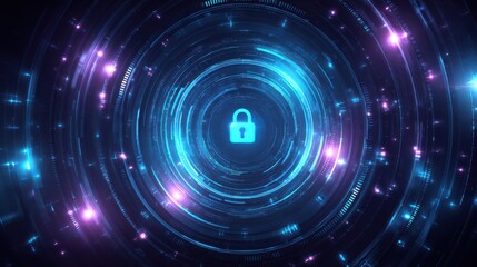 Obraz premium A glowing digital padlock icon centered within futuristic, concentric circular patterns, symbolizing cybersecurity and data protection in a high-tech environment.