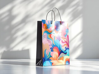 Stylish shopping bag features a vibrant abstract design, perfect for retail, fashion, and product presentation with modern flair.