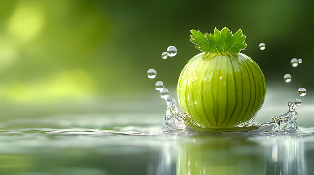 Fresh green fruit with leafy top and water droplets, a natural still life