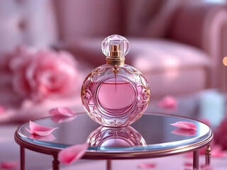 Luxurious perfume bottle elegantly displayed with pink petals, creating a soft, romantic, and beautiful ambiance for beauty and personal care.