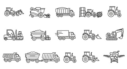  Agricultural and Farming Machinery Line Icon Set