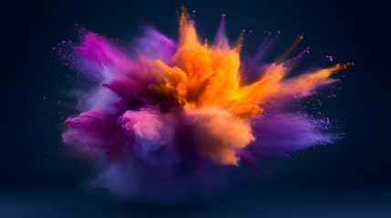 Colorful pigment explosion in a dynamic burst against a dark indigo backdrop