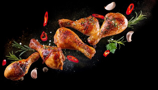 grilled chicken legs or drumsticks falling down with herbs and colourful peppers isolated on black background juicy bbq chicken drumsticks sprinkled with herbs and seasoning on black background