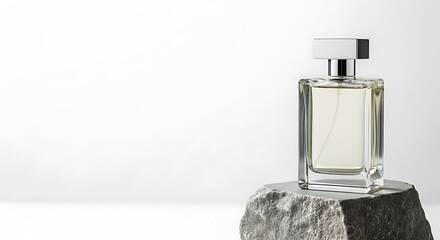 Minimalist crystal bottle atop textured stone presents perfume elegance on stark white background