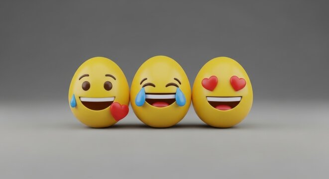 Three happy egg shaped emojis smiling and showing different emotions on a gray background