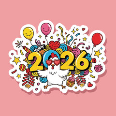 Cartoon chicken with sunglasses celebrates the year 2026, surrounded by festive elements.