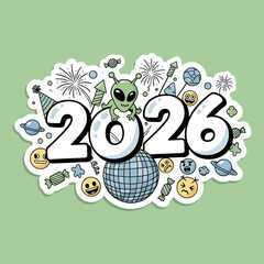 A whimsical 2026 New Year's design featuring an alien, fireworks, and celebratory icons.