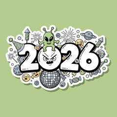 Whimsical illustration of the year 2026 featuring an alien, fireworks, and emojis.