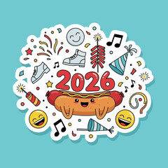 Cartoon illustration of 2026 with a hot dog character surrounded by party elements like confetti, sparklers, party hats, and musical notes.