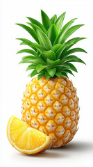 Studio shot of a fresh, ripe pineapple. One whole pineapple, showcasing the textured golden skin and the vibrant yellow, succulent interior.	