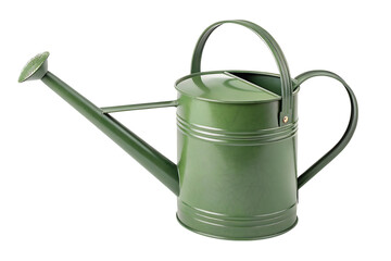 Green metal watering can for gardening on transparent background