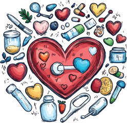 A charming vector illustration set featuring seamless patterns of medical and heart-shaped icons, perfect for romantic, food, or Valentine's Day designs