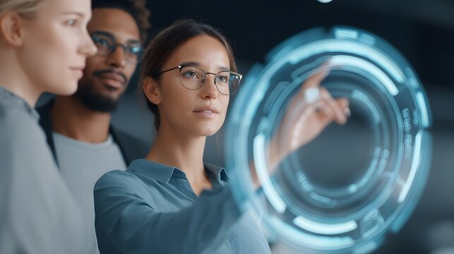 Multi-ethnic team collaborating with 3D hologram UI - Powered by Adobe