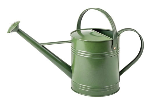 Green metal watering can for gardening on transparent background