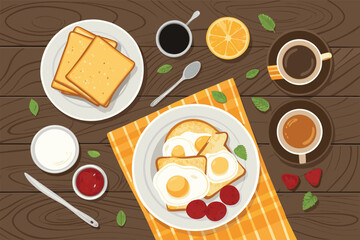 Rustic breakfast table top-down view, vector art.