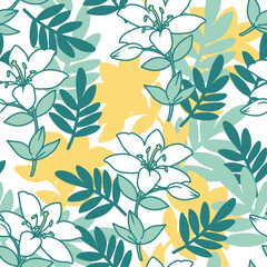 Abstract White Lily and Green Leaf Nature Pattern. Seamless abstract floral pattern, ideal for garden, botanical, floral, and nature-inspired surface designs.