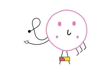 Cute round cartoon character with pink cheeks, waving tail, and happy face, fun doodle sticker design for children, scrapbook, or creative projects