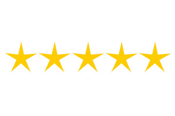 Five yellow star rating icon. bold review or feedback design element on transparent background