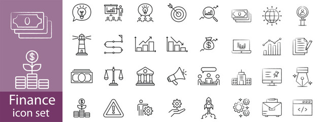 Finance icon set. Money payments related icons: cash, bank, loan, budget, fund, earning, profit, business, wallet and more. Editable line icons. Vector illustration.