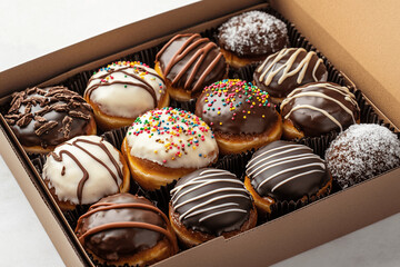 Assorted donuts in a bakery box, close-up vibrant food photography with colorful toppings and studio lighting