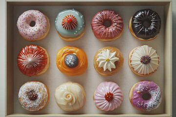 Assorted donuts in a bakery box, close-up vibrant food photography with colorful toppings and studio lighting