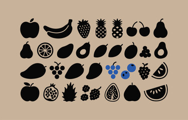 Fototapeta premium Collection of black silhouette fruit icons arranged in rows on a light brown background