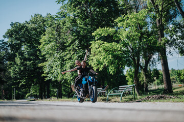 A couple enjoys an adventurous ride together through a serene park, illustrating freedom and...