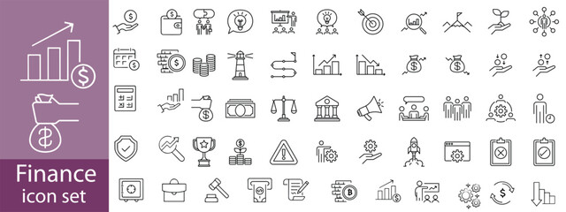 Finance icon set. Money payments related icons: cash, bank, loan, budget, fund, earning, profit, business, wallet and more. Editable line icons. Vector illustration.