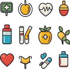 Medical health care vector icons set with heart, pill, stethoscope, and ambulance illustrations