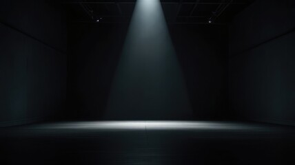 A single spotlight illuminates an empty, dark room, creating a dramatic, minimalist scene.