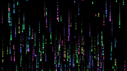 Abstract digital rain of colorful glowing squares falling against a dark black background creating a futuristic data stream effect