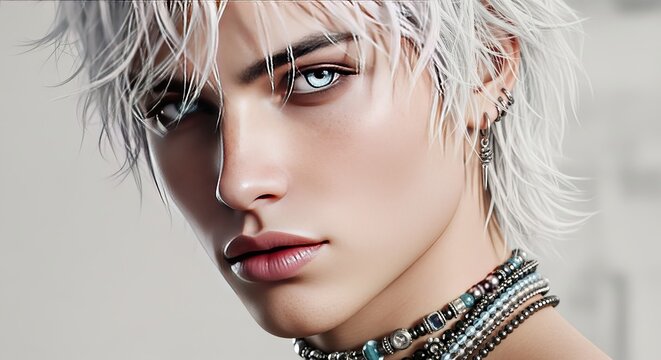 A highly detailed portrait of an androgynous, ethereal young person with strikingly pale, tousled white hair and intense, icy blue eyes.