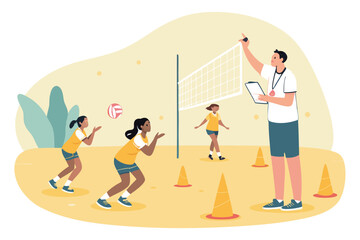Volleyball team training session with coach.