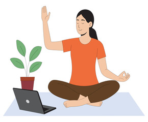Woman Practicing Online Yoga with Laptop Virtual Meditation Class Flat Vector. Home Yoga and Meditation Concept Female Character Doing Relaxation Exercise Online. 