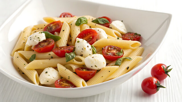 A delightful pasta salad with cherry tomatoes and mozzarella cheese