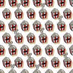Cinema Snack Popcorn in Retro Striped Box Pattern. Seamless vector pattern of fluffy white popcorn in red and white striped boxes, Perfect for food, snack, cinema, junk food, and party-themed design